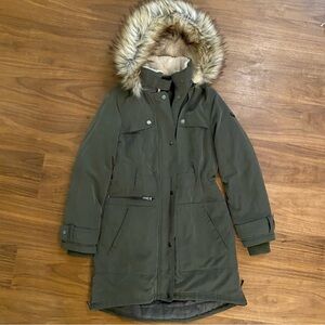 Donna Karan Olive Ski Jacket with Faux Fur Hood